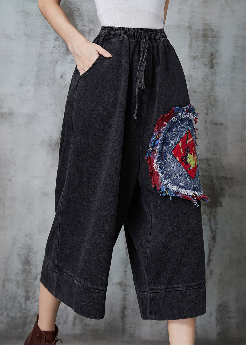 denim wide-leg casual patchwork python pants | wide... Art Black Oversized Patchwork Denim Wide Leg Pants Summer – Omychic