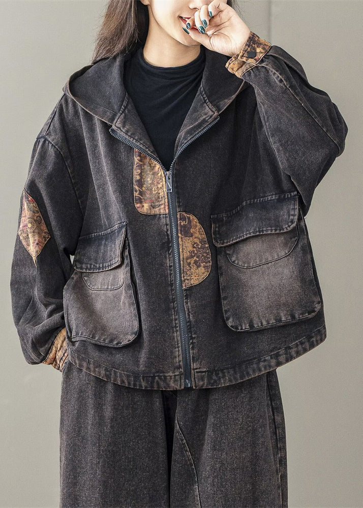 Art Black Oversized Patchwork Hooded Jacket Spring