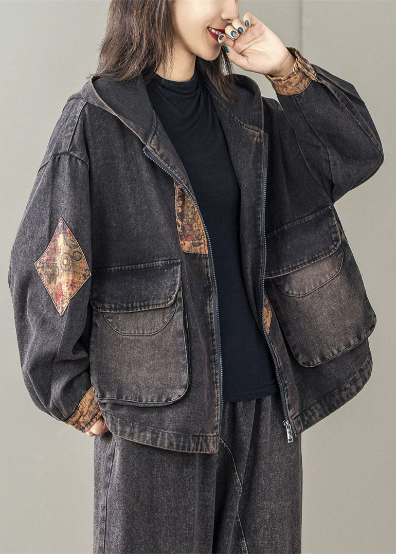 Art Black Oversized Patchwork Hooded Jacket Spring