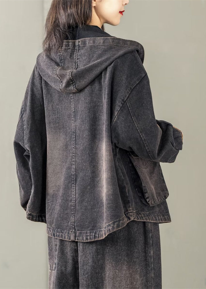 Art Black Oversized Patchwork Hooded Jacket Spring