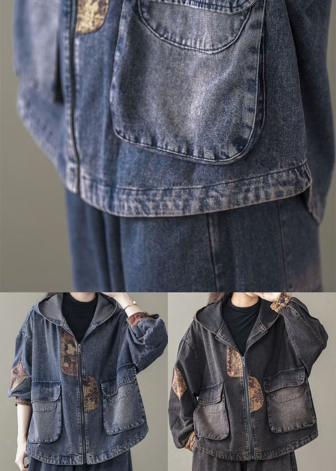 Art Black Oversized Patchwork Hooded Jacket Spring