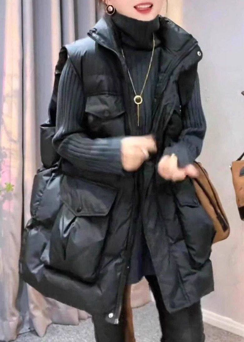 Art Black Oversized Pockets Fine Cotton Filled Parka Vests Winter