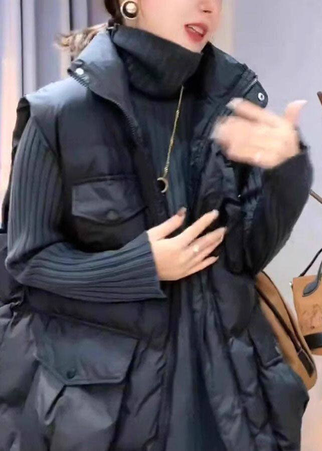 Art Black Oversized Pockets Fine Cotton Filled Parka Vests Winter