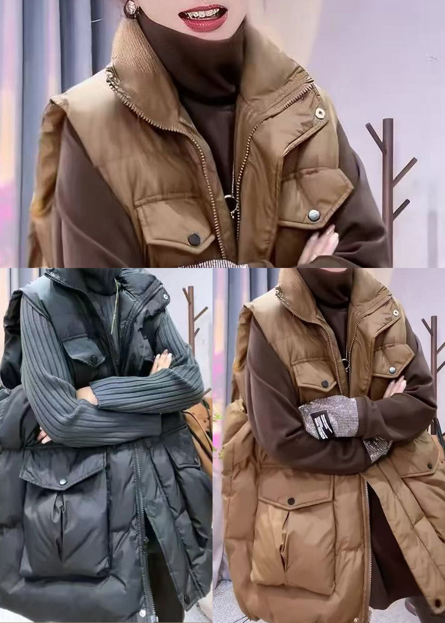 Art Black Oversized Pockets Fine Cotton Filled Parka Vests Winter