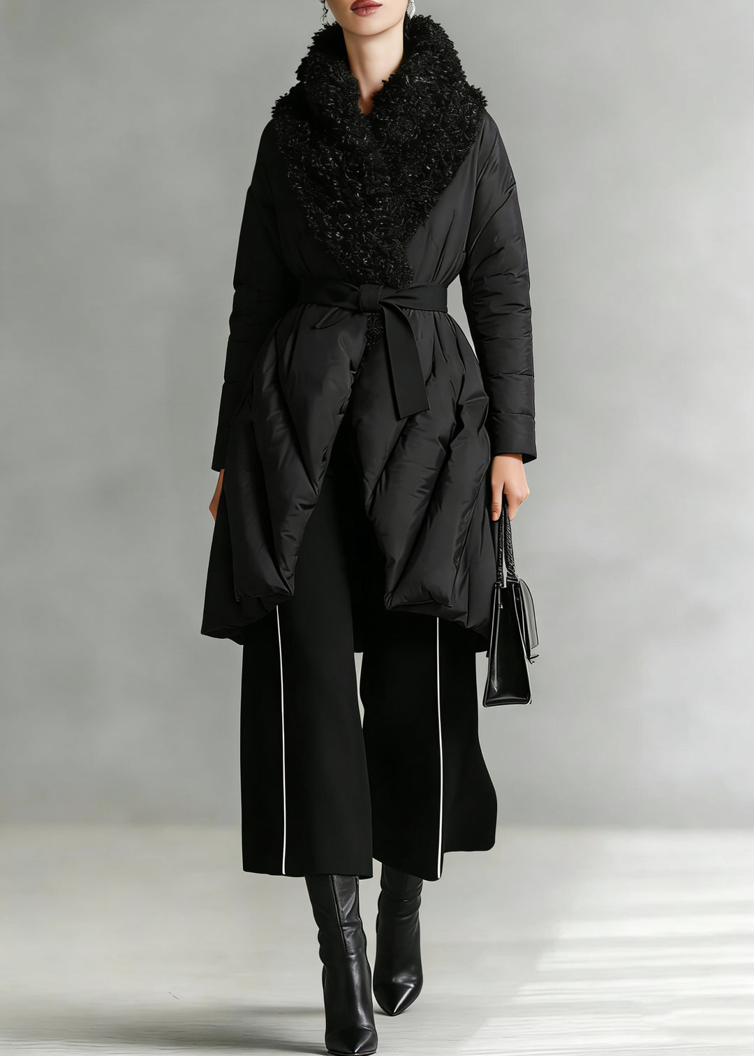 Art Black Patchwork Faux Fur Peter Pan Collar Cotton Winter Down Coat1