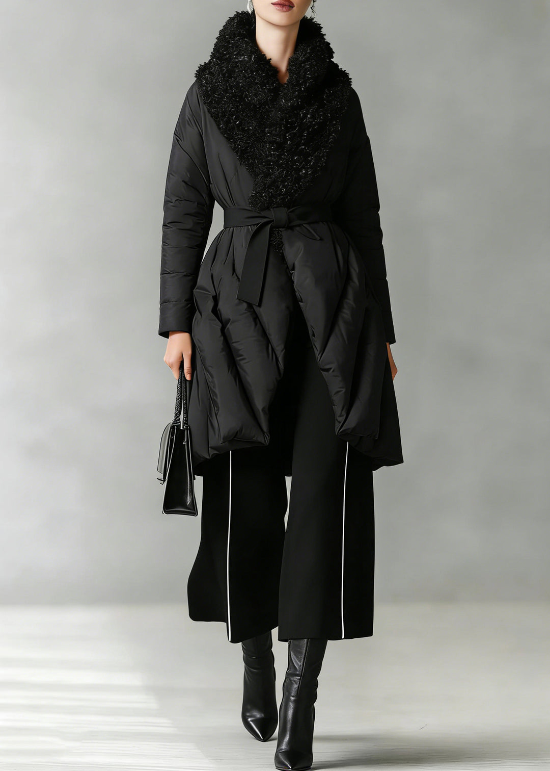 Art Black Patchwork Faux Fur Peter Pan Collar Cotton Winter Down Coat1