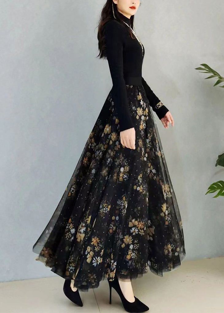 Art Black Print High Waist Exra Large Hem Tulle Skirts Spring