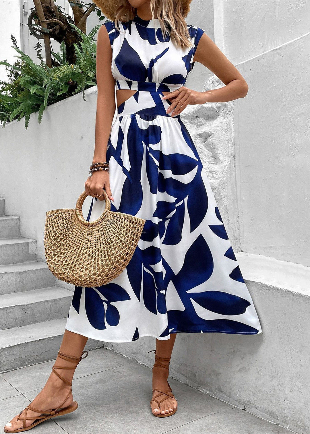 Art Black Print Hollow Out Cotton Long Dress Sleeveless