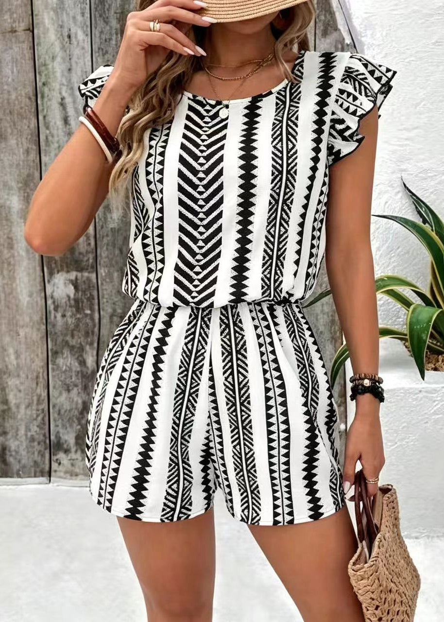 Art Black Print Ruffled Chiffon Jumpsuit Summer