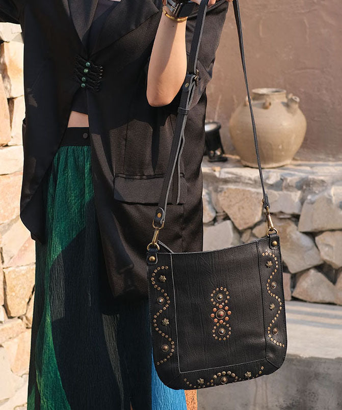 Art Black Rivet Solid Durable Leather CrossBody Messenger Bag