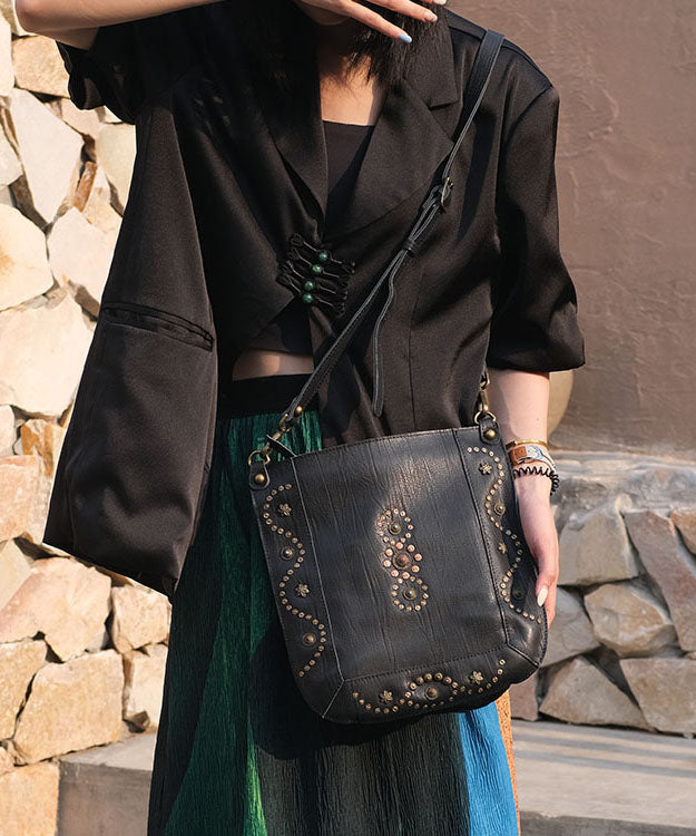 Art Black Rivet Solid Durable Leather CrossBody Messenger Bag