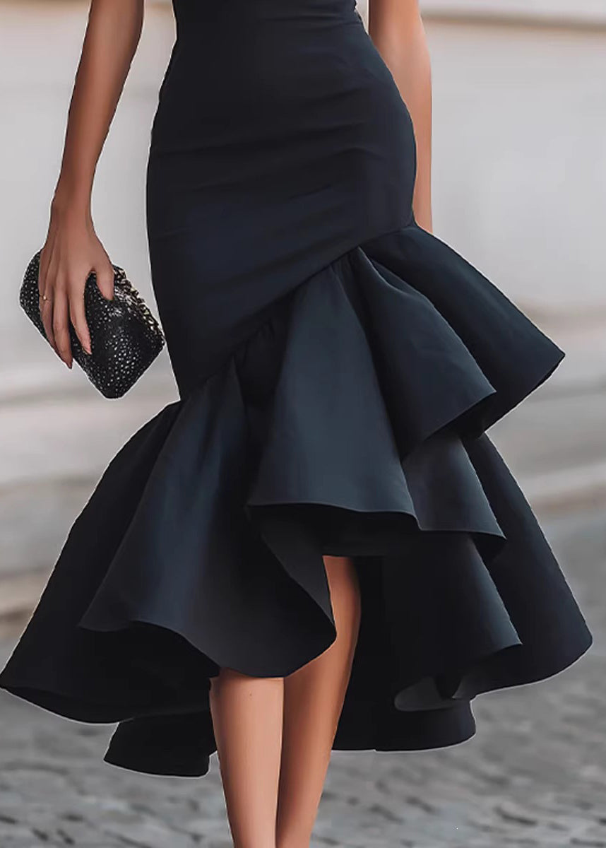 Art Black Ruffled Asymmetrical Design Patchwork Cotton Dresses Summer