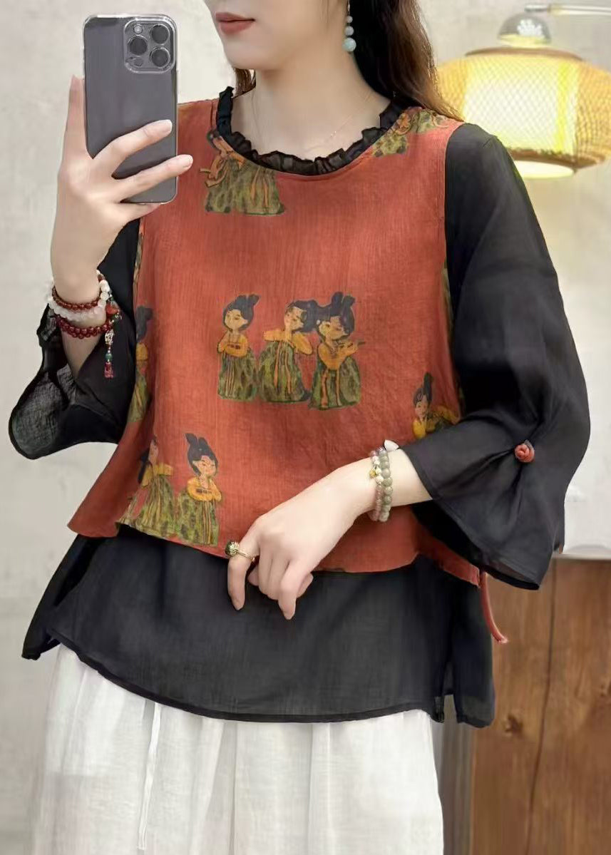 Art Black Ruffled Patchwork Linen Fake Two Piece Top Summer