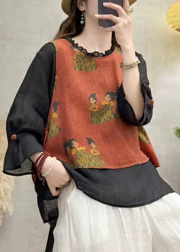 Art Black Ruffled Patchwork Linen Fake Two Piece Top Summer