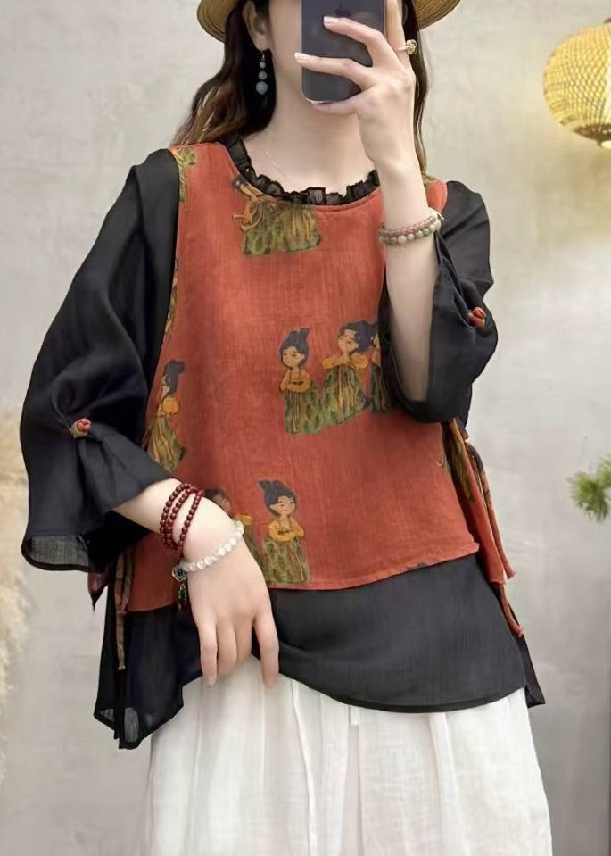 Art Black Ruffled Patchwork Linen Fake Two Piece Top Summer