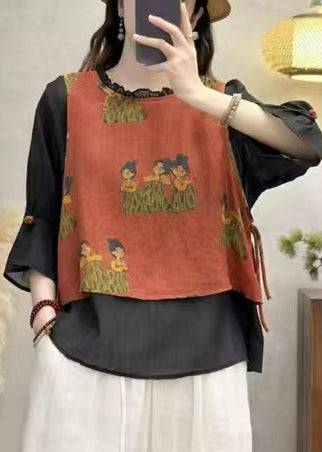 Art Black Ruffled Patchwork Linen Fake Two Piece Top Summer