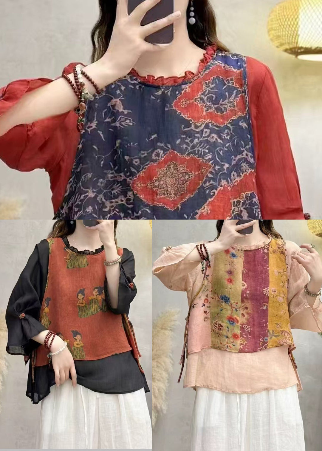 Art Black Ruffled Patchwork Linen Fake Two Piece Top Summer