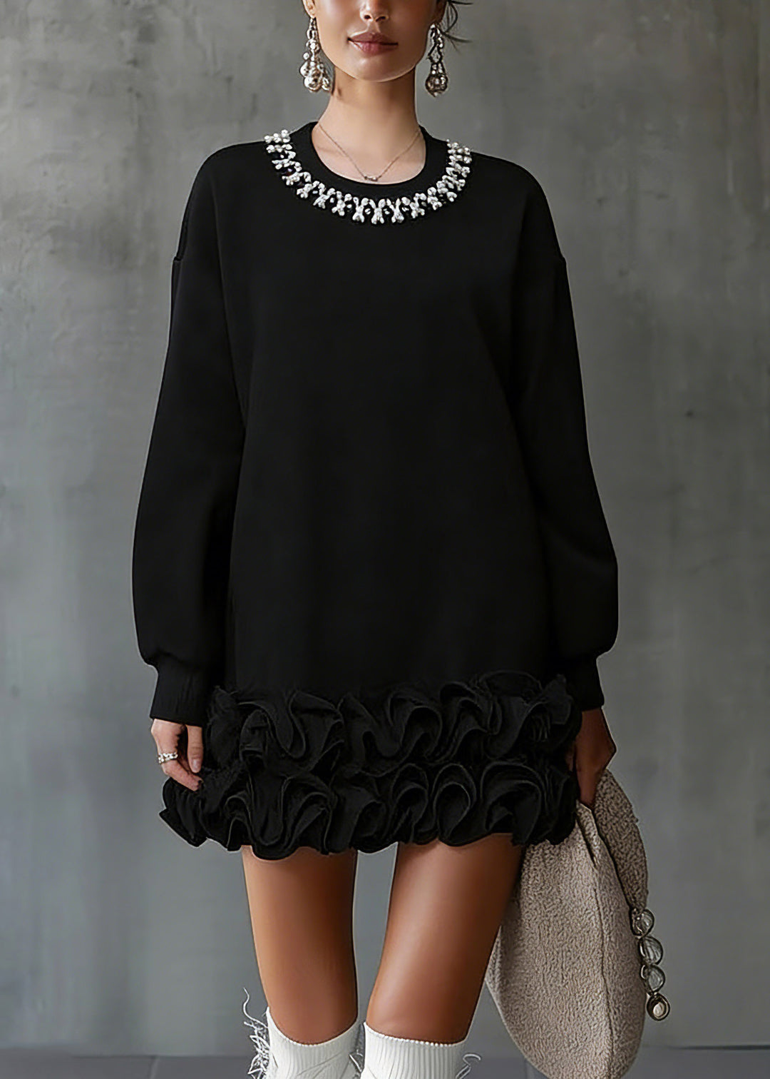 Art Black Ruffled Patchwork T Shirts Spring