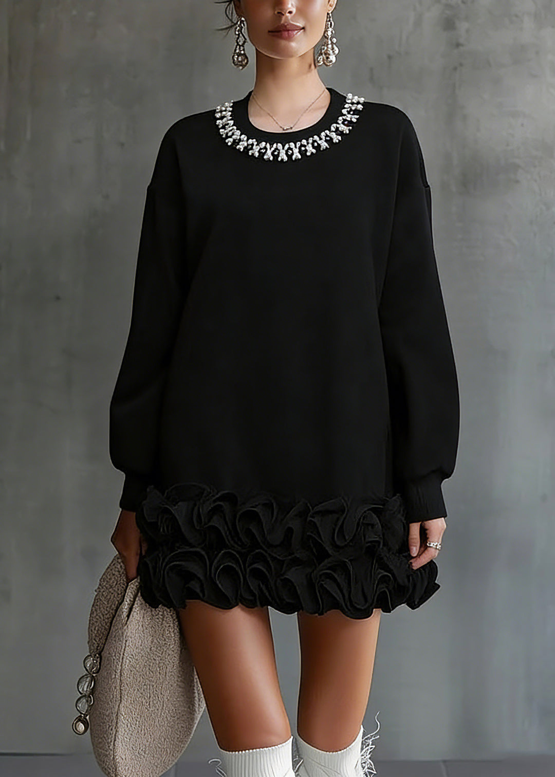 Art Black Ruffled Patchwork T Shirts Spring