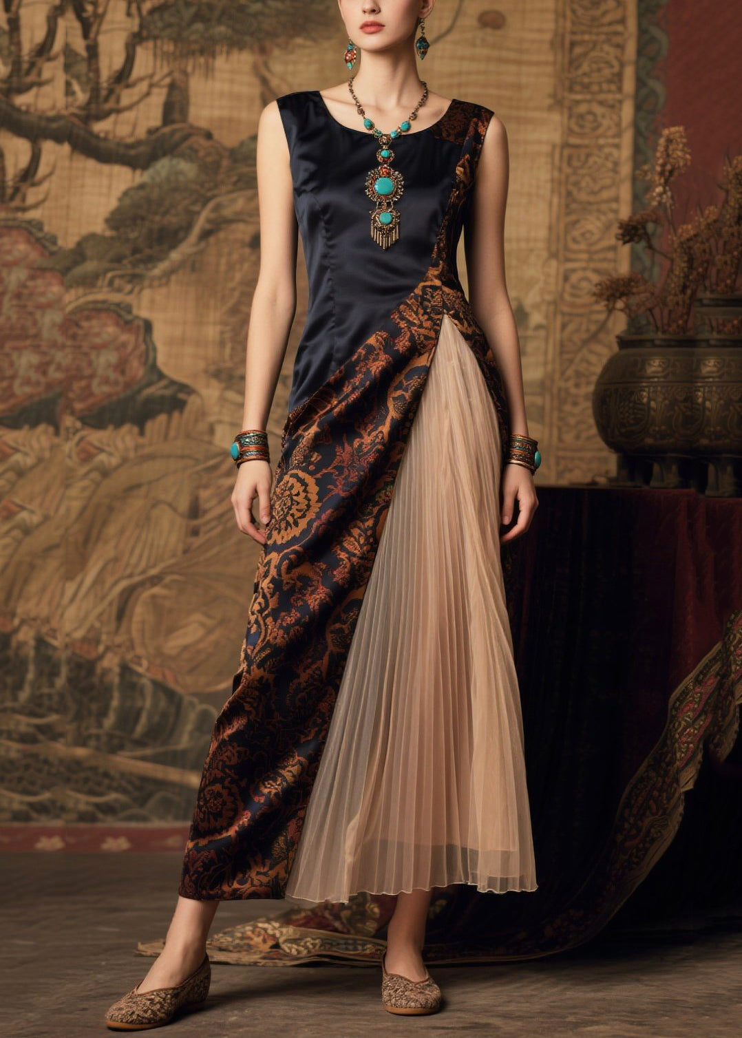 Art Black Side Open Patchwork Silk Vestidos Dresses Summer
