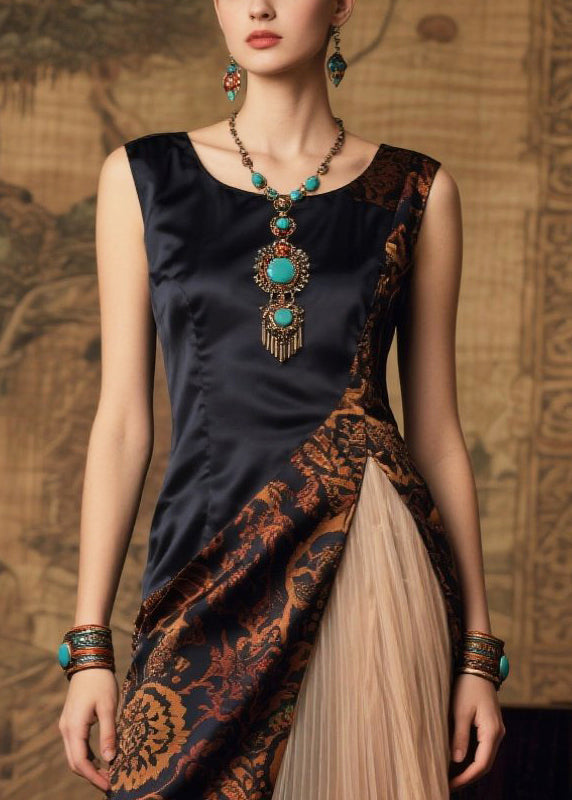 Art Black Side Open Patchwork Silk Vestidos Dresses Summer