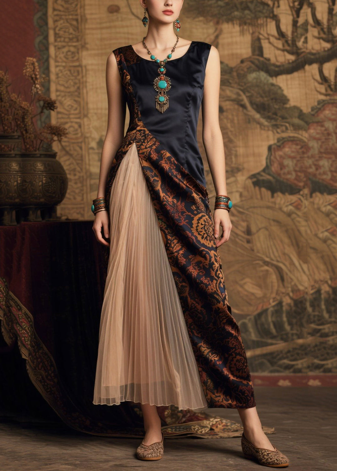 Art Black Side Open Patchwork Silk Vestidos Dresses Summer