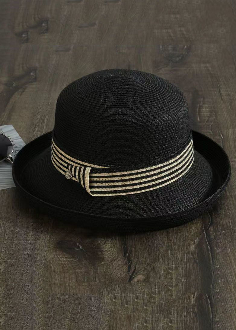 Art Black Striped Patchwork Straw Woven Floppy Sun Hat