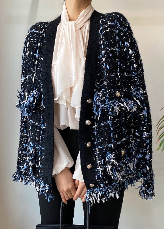 Art Black V Neck Button Pockets Knitted Cotton Coats Fall