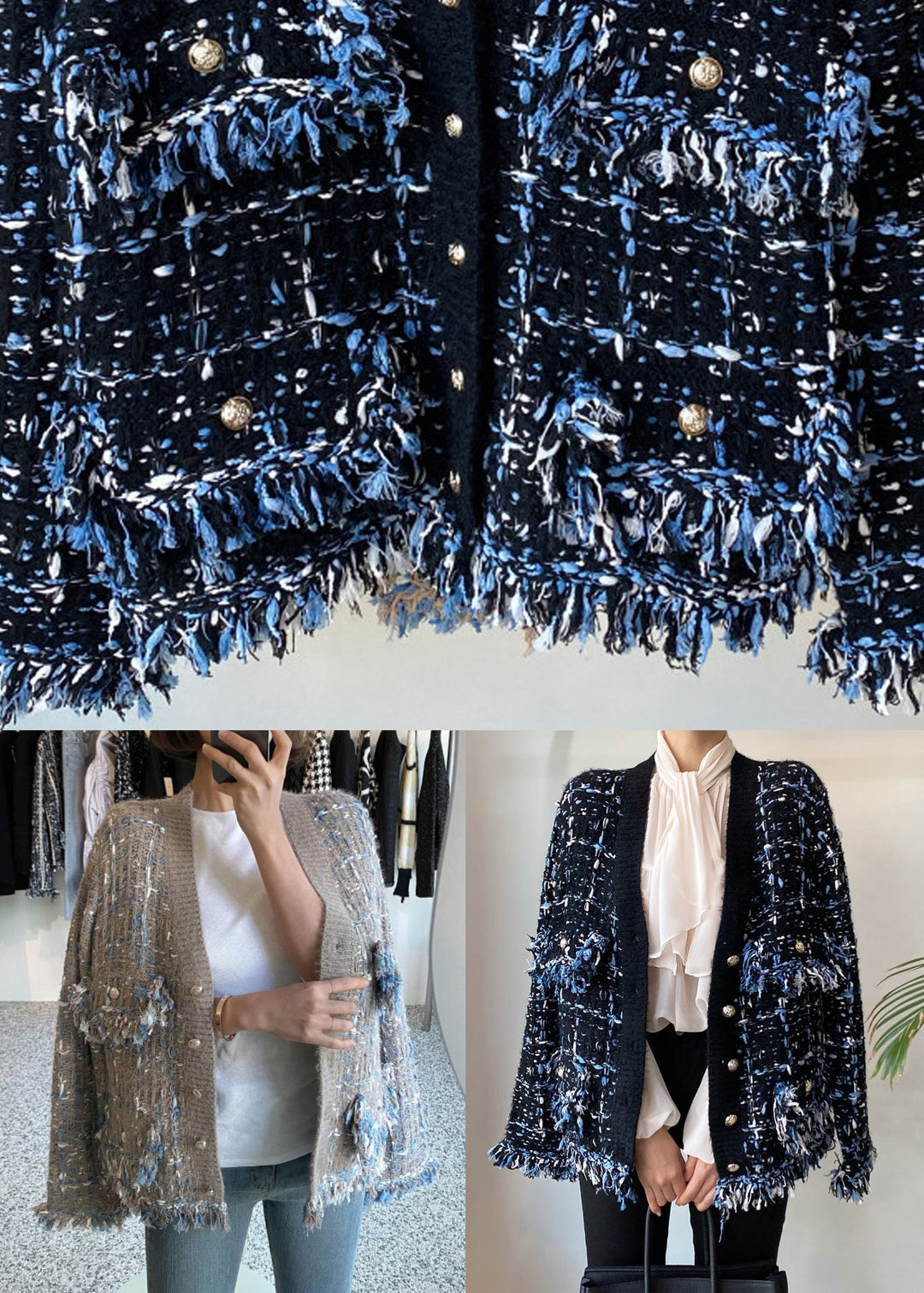 Art Black V Neck Button Pockets Knitted Cotton Coats Fall