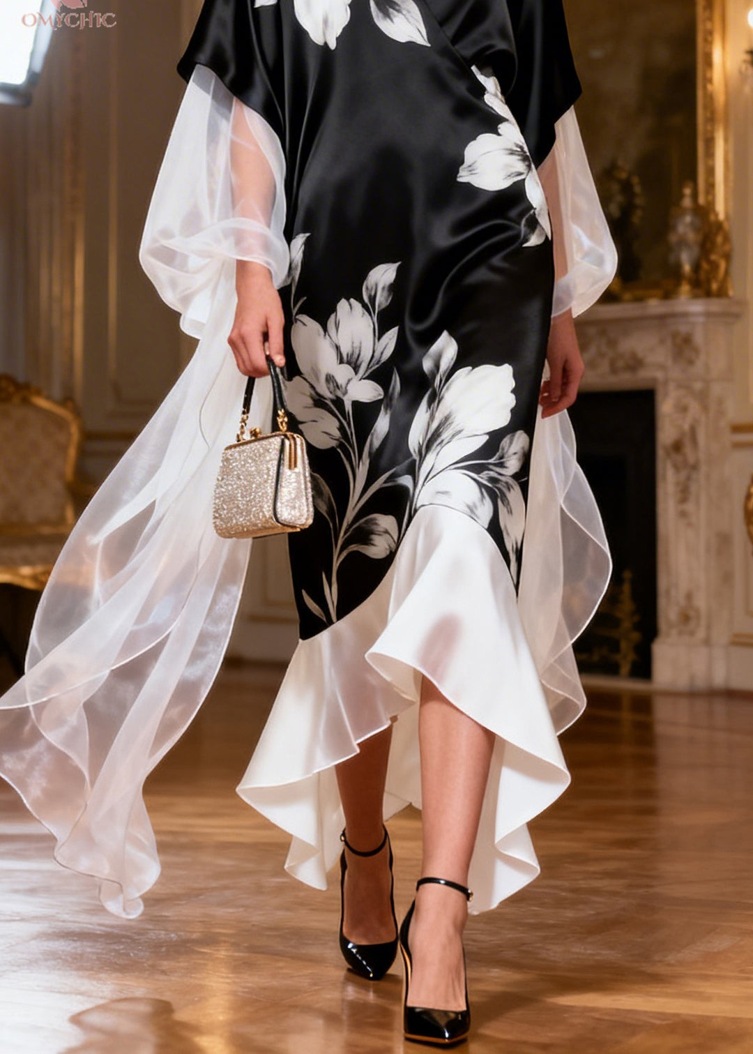 Art Black V Neck Print Patchwork Silk Dress Summer