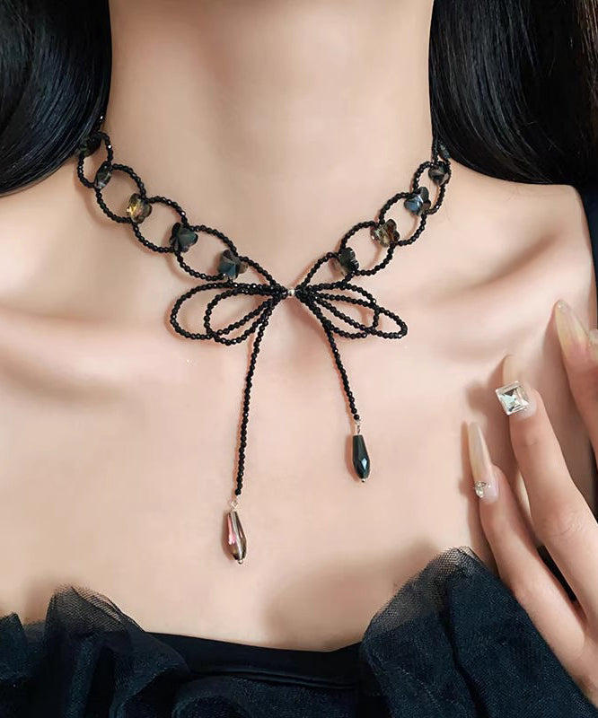 Art Black Weave Bow Hollow Out Lariat Necklace