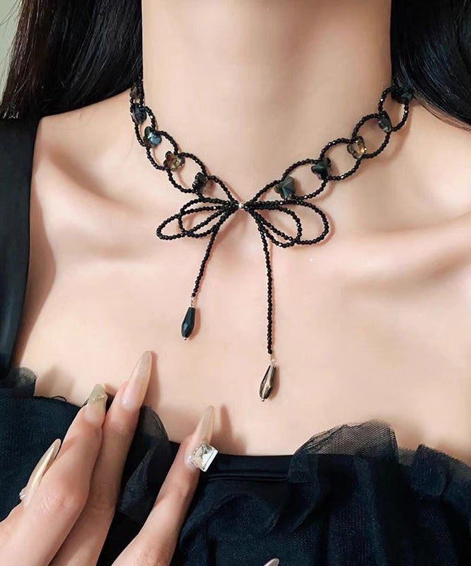 Art Black Weave Bow Hollow Out Lariat Necklace