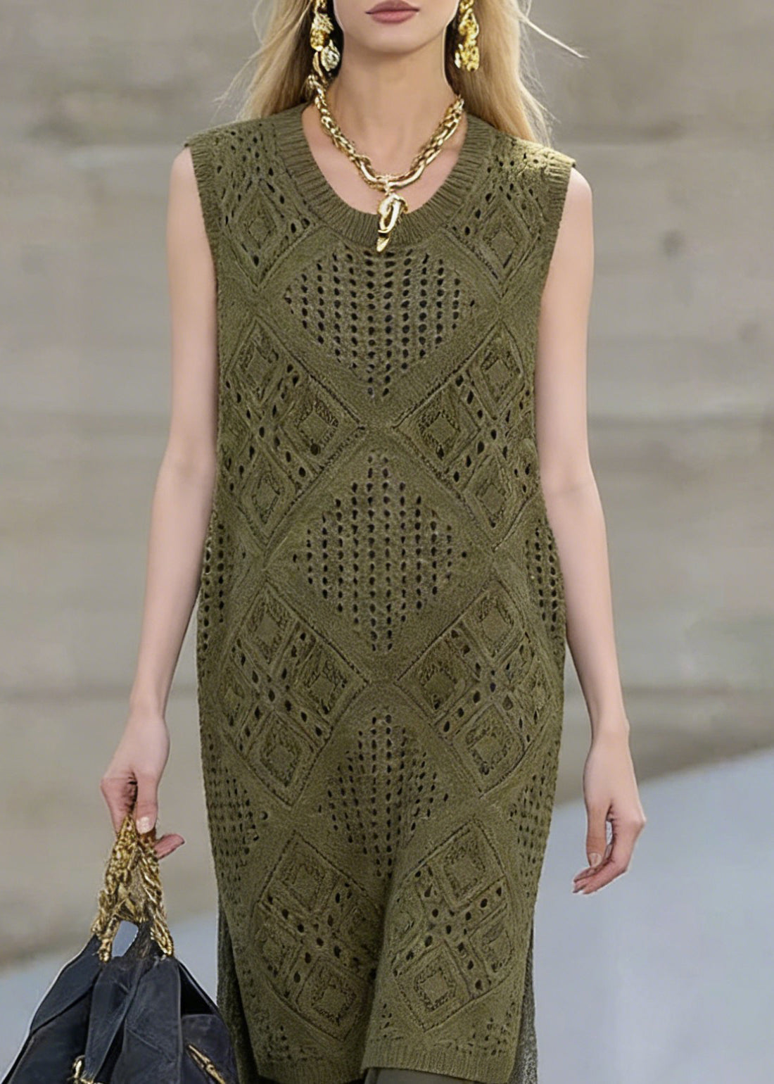 Art Blackish Green Hollow Out Knit Dress And Lace Skirts Two Pieces Set Summer - Omychic