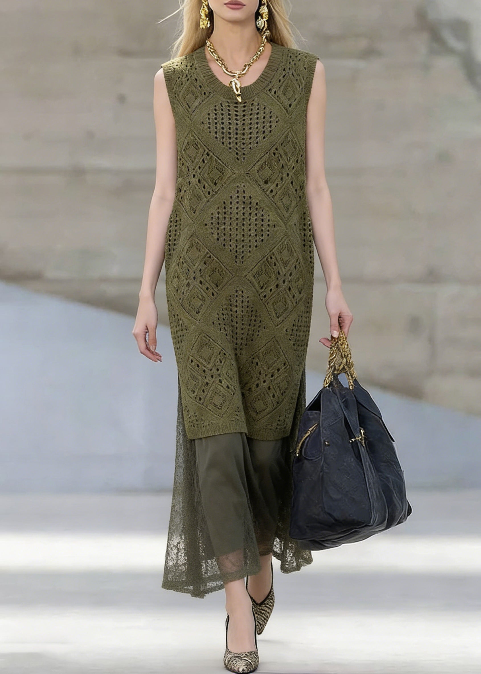 Art Blackish Green Hollow Out Knit Dress And Lace Skirts Two Pieces Set Summer - Omychic