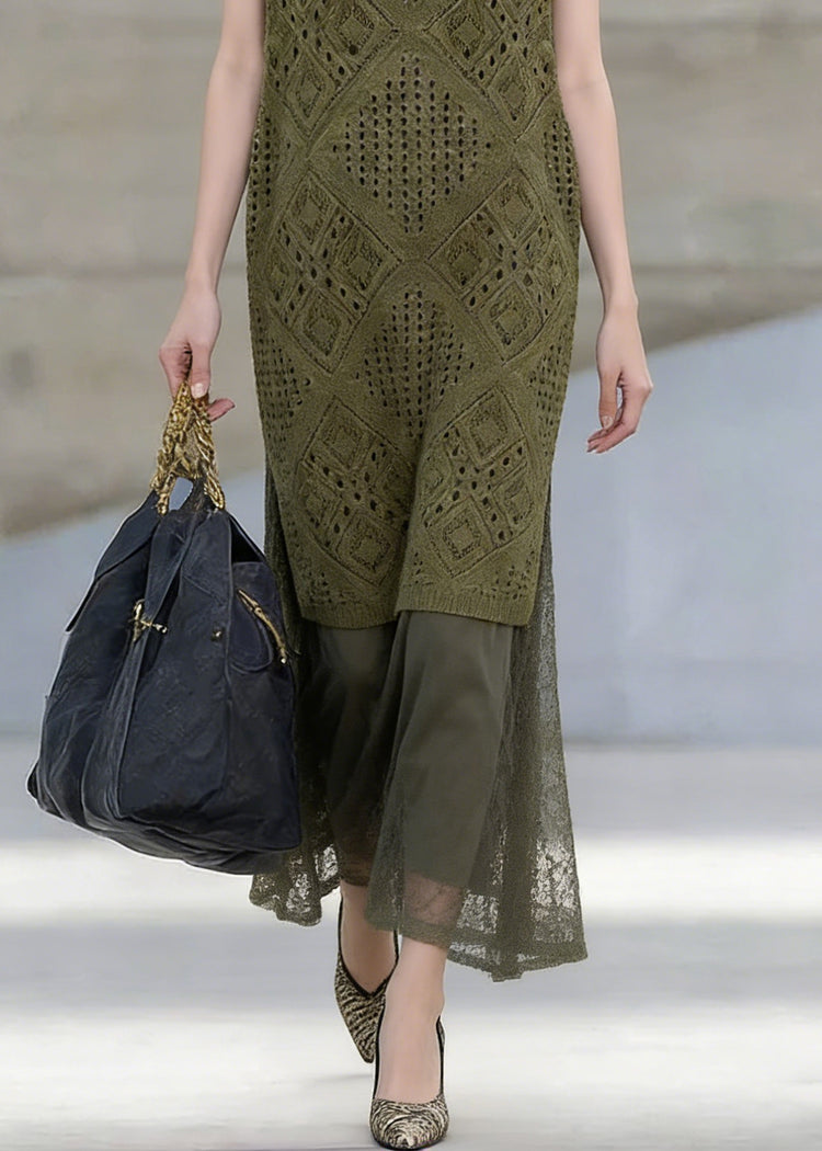 Art Blackish Green Hollow Out Knit Dress And Lace Skirts Two Pieces Set Summer - Omychic