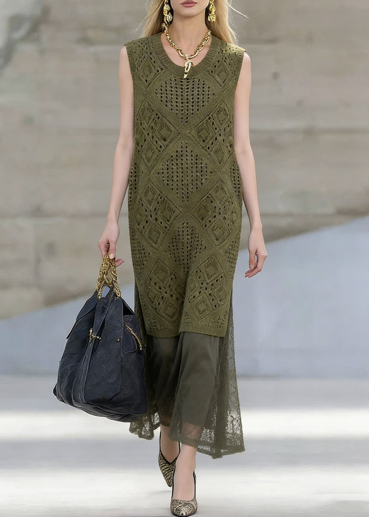 Art Blackish Green Hollow Out Knit Dress And Lace Skirts Two Pieces Set Summer - Omychic