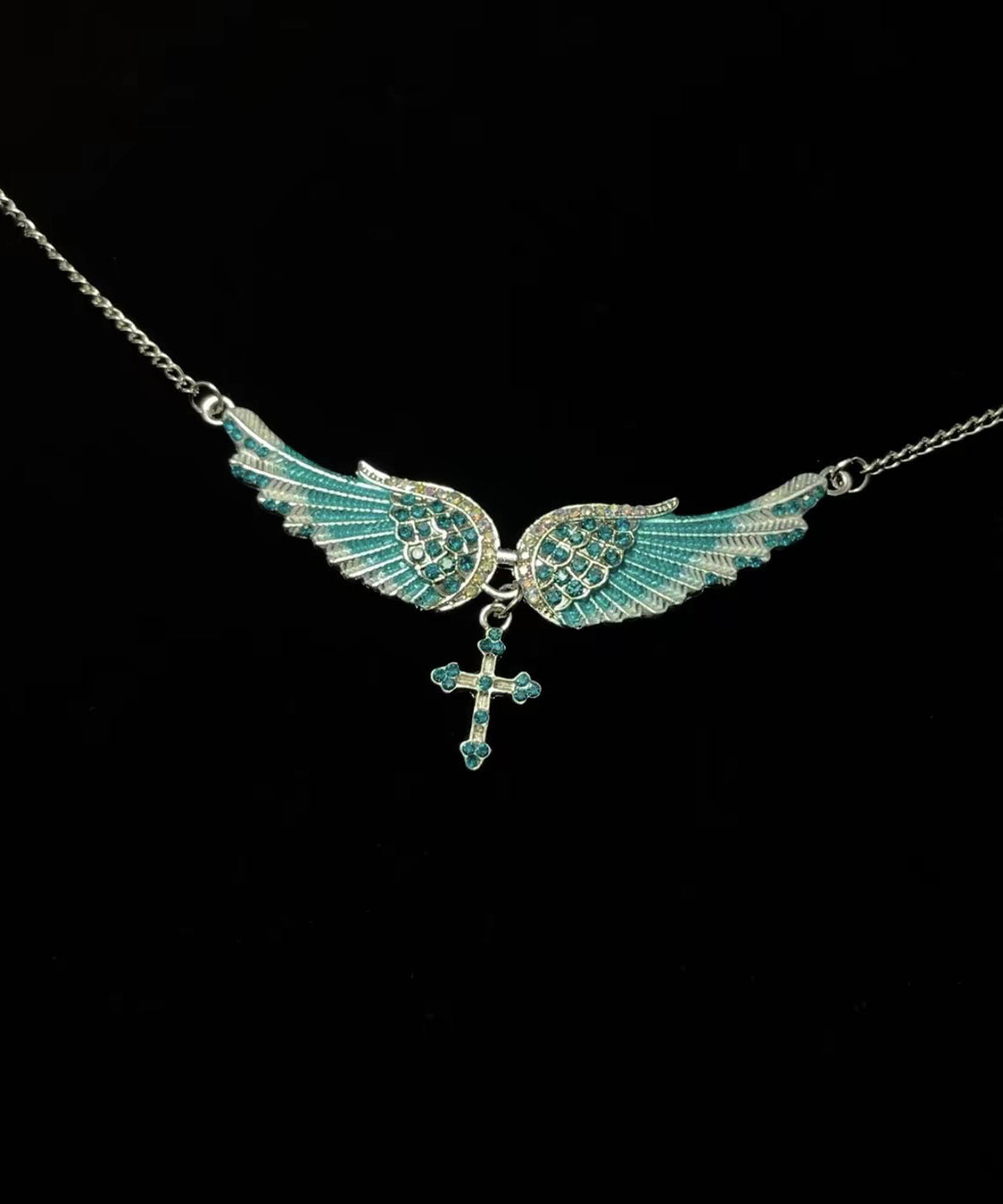 Art Blue Angel Wings Zircon Adjustable Alloy Pendant Necklace - Omychic