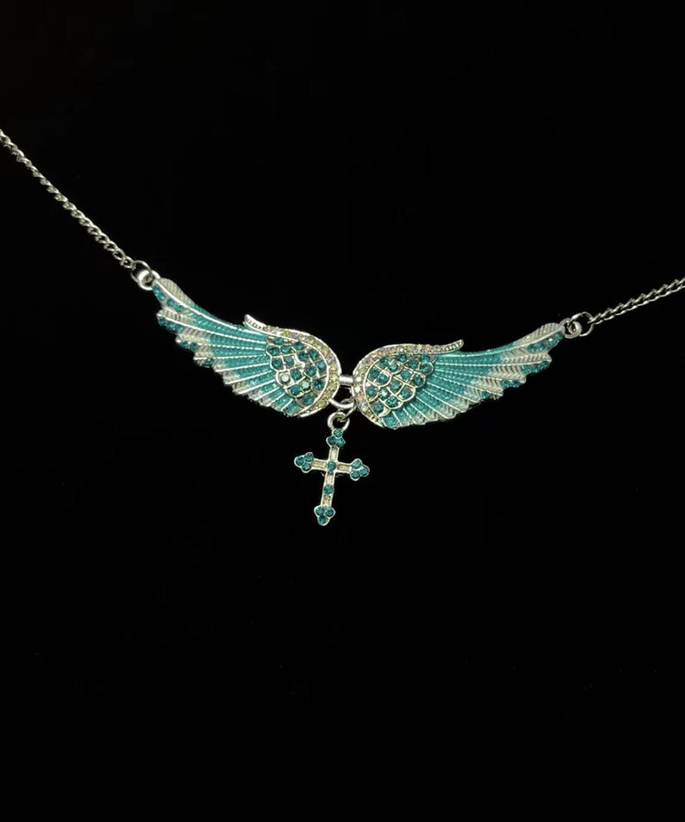 Art Blue Angel Wings Zircon Adjustable Alloy Pendant Necklace - Omychic