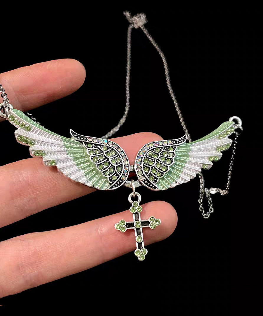 Art Blue Angel Wings Zircon Adjustable Alloy Pendant Necklace - Omychic