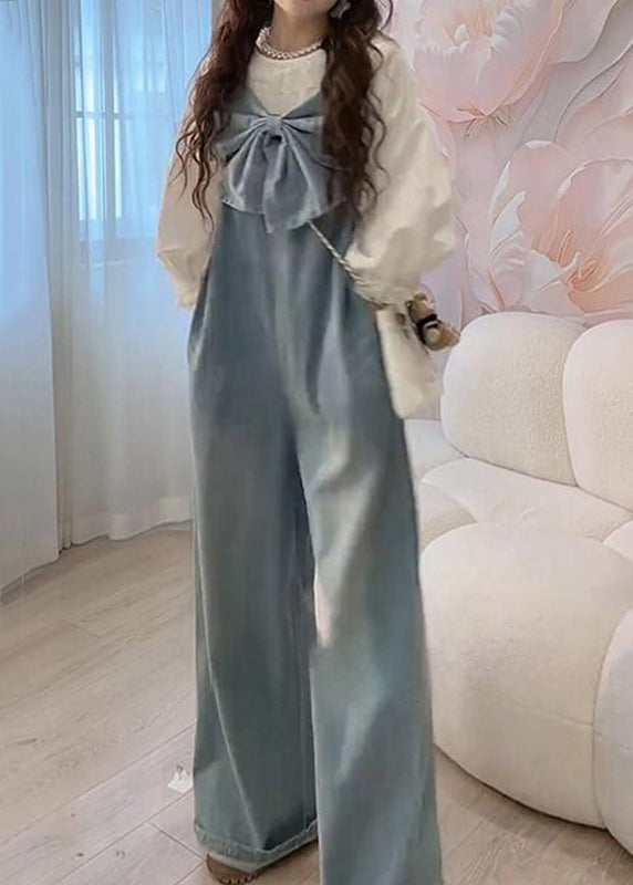 Art Blue Bow Pockets Denim Wide Leg Pants Jumpsuits Sleeveless