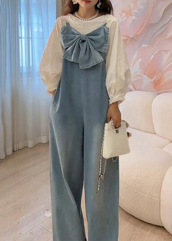 Art Blue Bow Pockets Denim Wide Leg Pants Jumpsuits Sleeveless