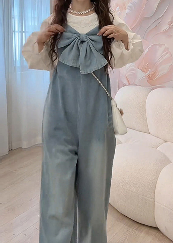 Art Blue Bow Pockets Denim Wide Leg Pants Jumpsuits Sleeveless