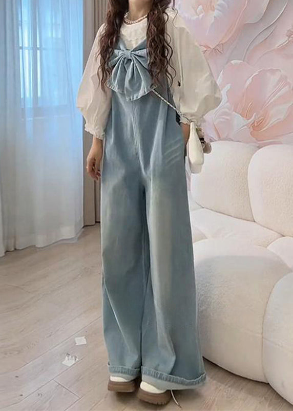 Art Blue Bow Pockets Denim Wide Leg Pants Jumpsuits Sleeveless