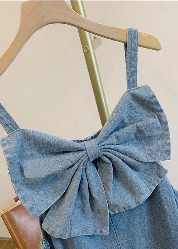 Art Blue Bow Pockets Denim Wide Leg Pants Jumpsuits Sleeveless