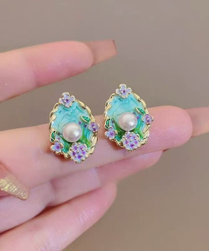 Art Blue Copper Pearl Dripping Glaze Floral Stud Earrings