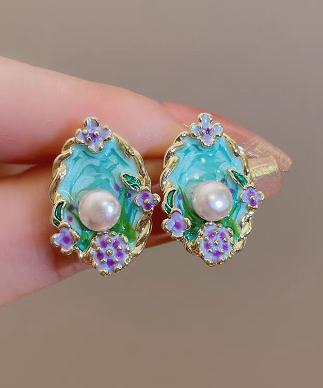 Art Blue Copper Pearl Dripping Glaze Floral Stud Earrings