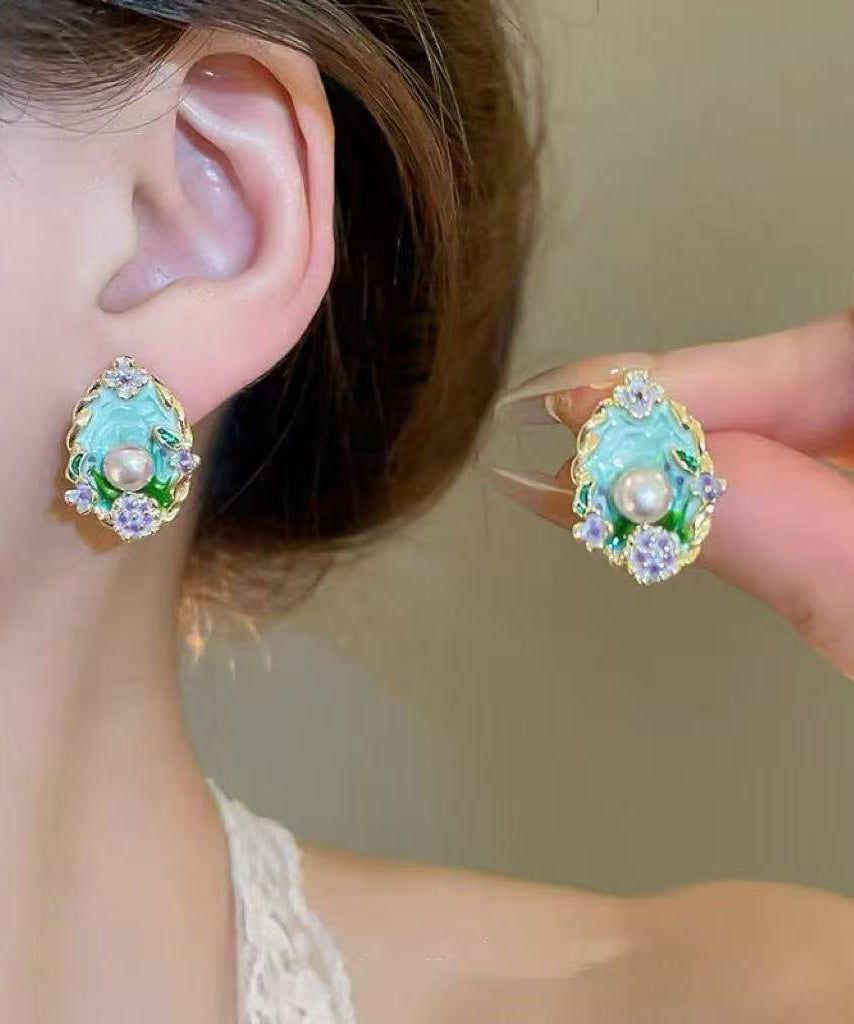 Art Blue Copper Pearl Dripping Glaze Floral Stud Earrings