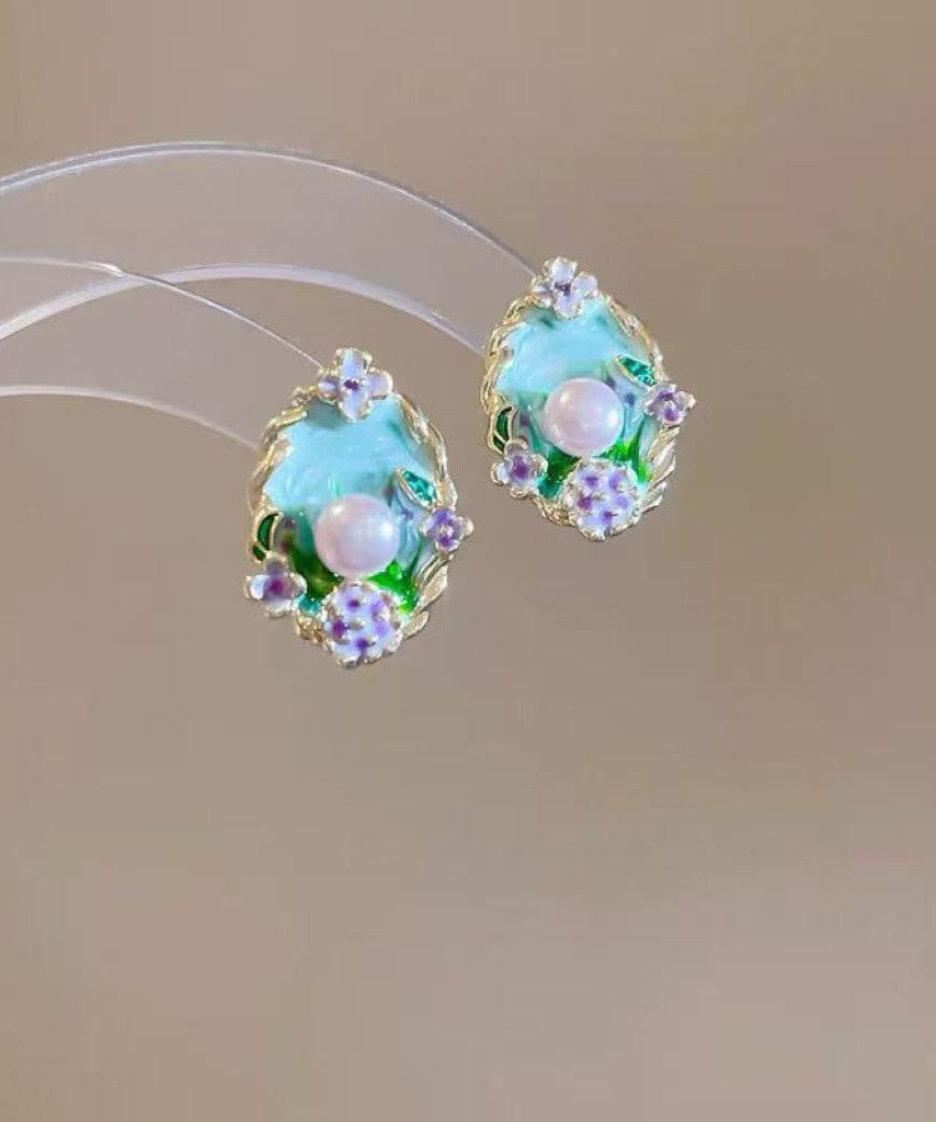 Art Blue Copper Pearl Dripping Glaze Floral Stud Earrings