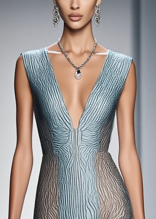 Art Blue Deep-V Neck Print Silk Work Dress Sleeveless