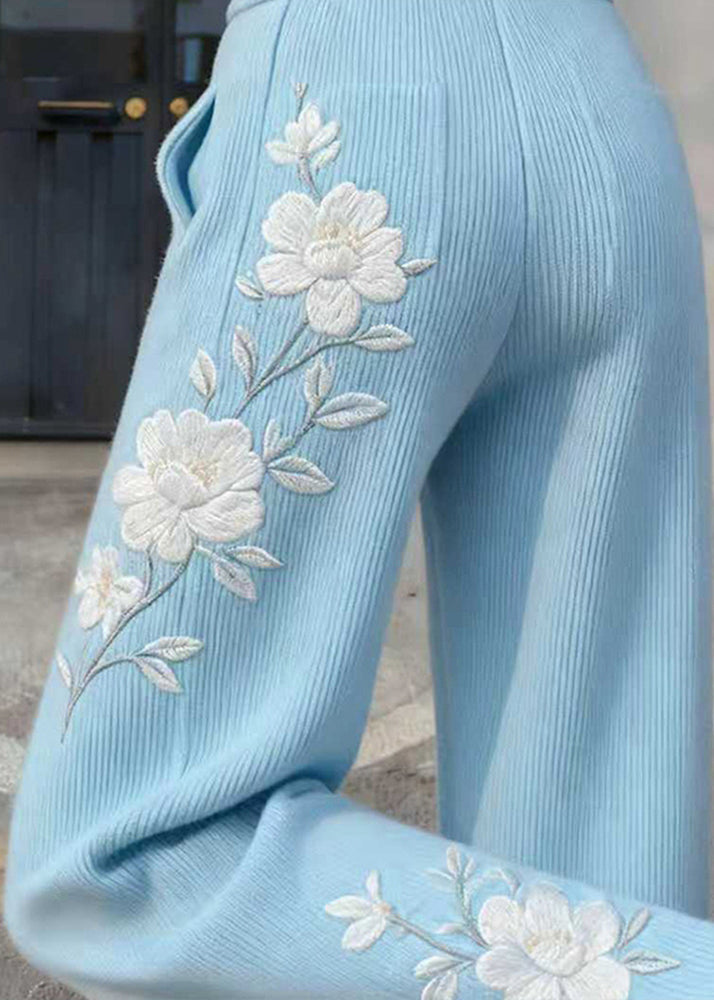Art Blue Embroidered Floral Knit Straight Pants Spring
